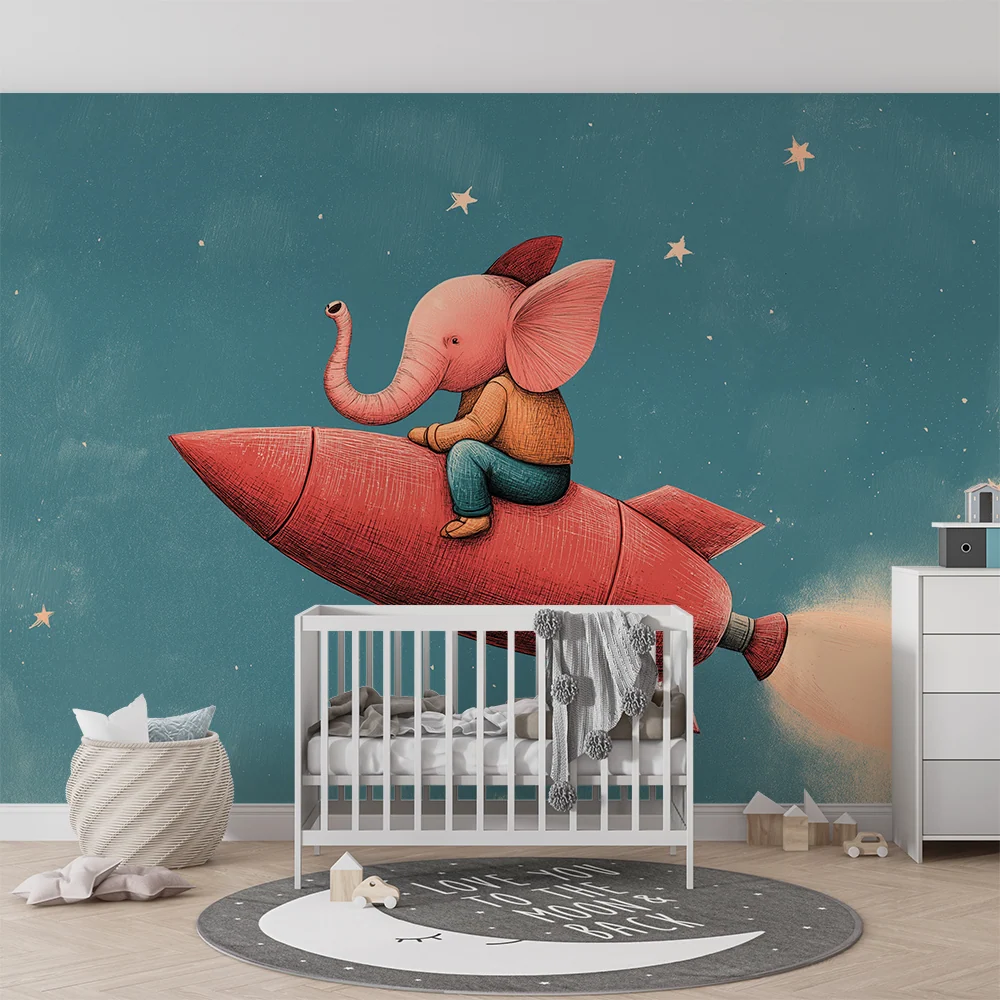 Kinderzimmer Tapete | Elefanten-Astronaut einer Rakete unter einem sternenklaren Himmel