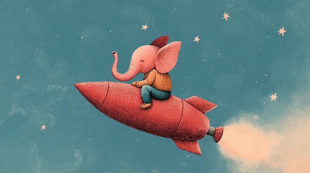 Kinderzimmer Tapete | Elefanten-Astronaut einer Rakete unter einem sternenklaren Himmel