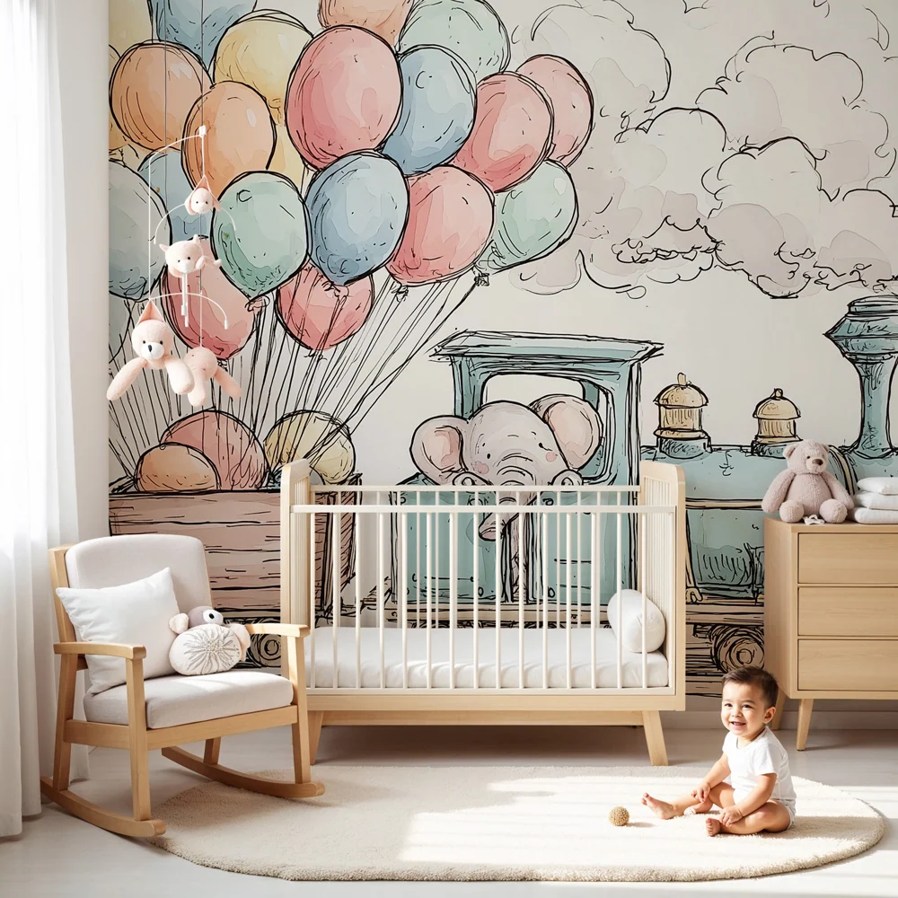 Kinderzimmer Tapete | Eleganter Ballonzug mit einem Elefanten