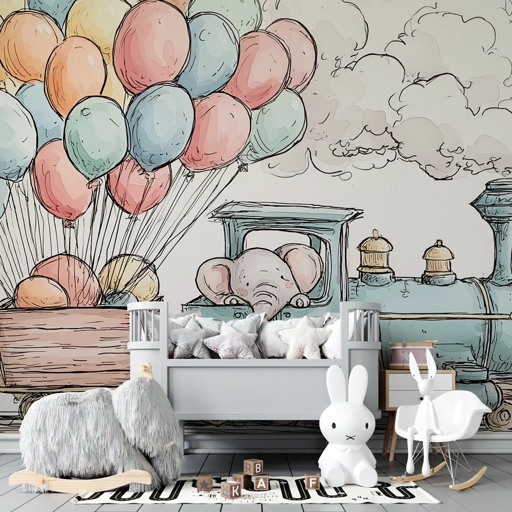 Kinderzimmer Tapete | Eleganter Ballonzug mit einem Elefanten