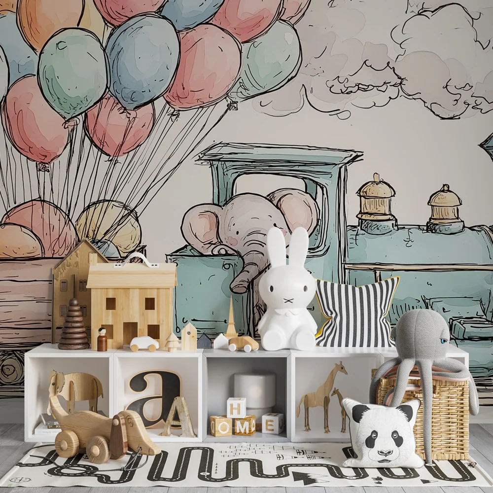 Kinderzimmer Tapete | Eleganter Ballonzug mit einem Elefanten