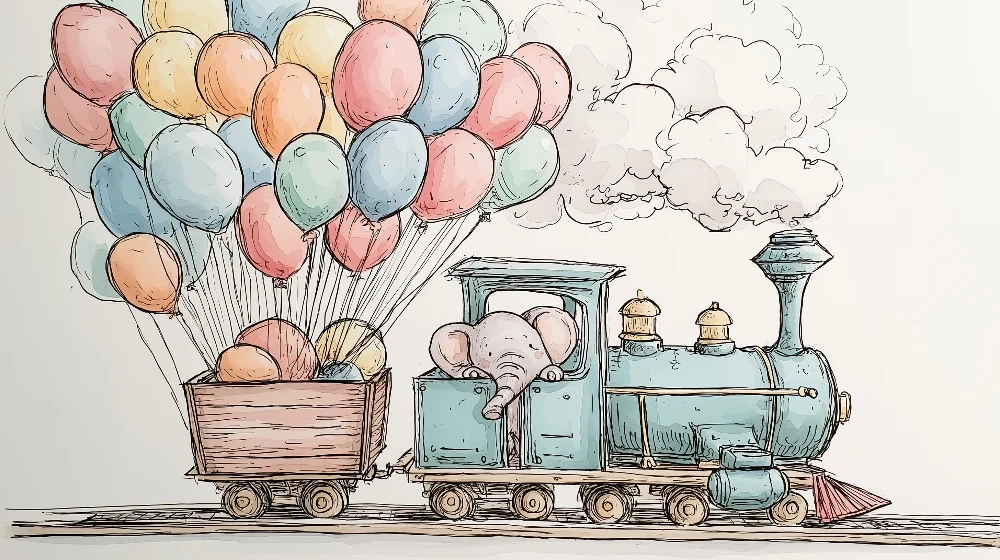 Kinderzimmer Tapete | Eleganter Ballonzug mit einem Elefanten