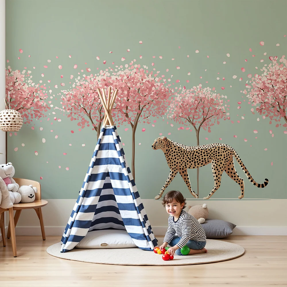 Kinderzimmer Tapete | Eleganter Leopard unter blühenden Kirschbäumen