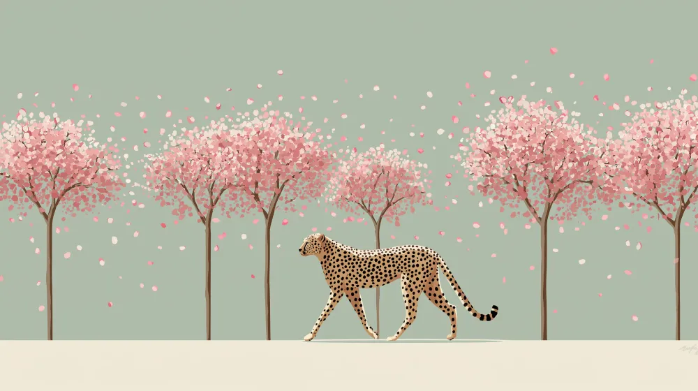 Kinderzimmer Tapete | Eleganter Leopard unter blühenden Kirschbäumen