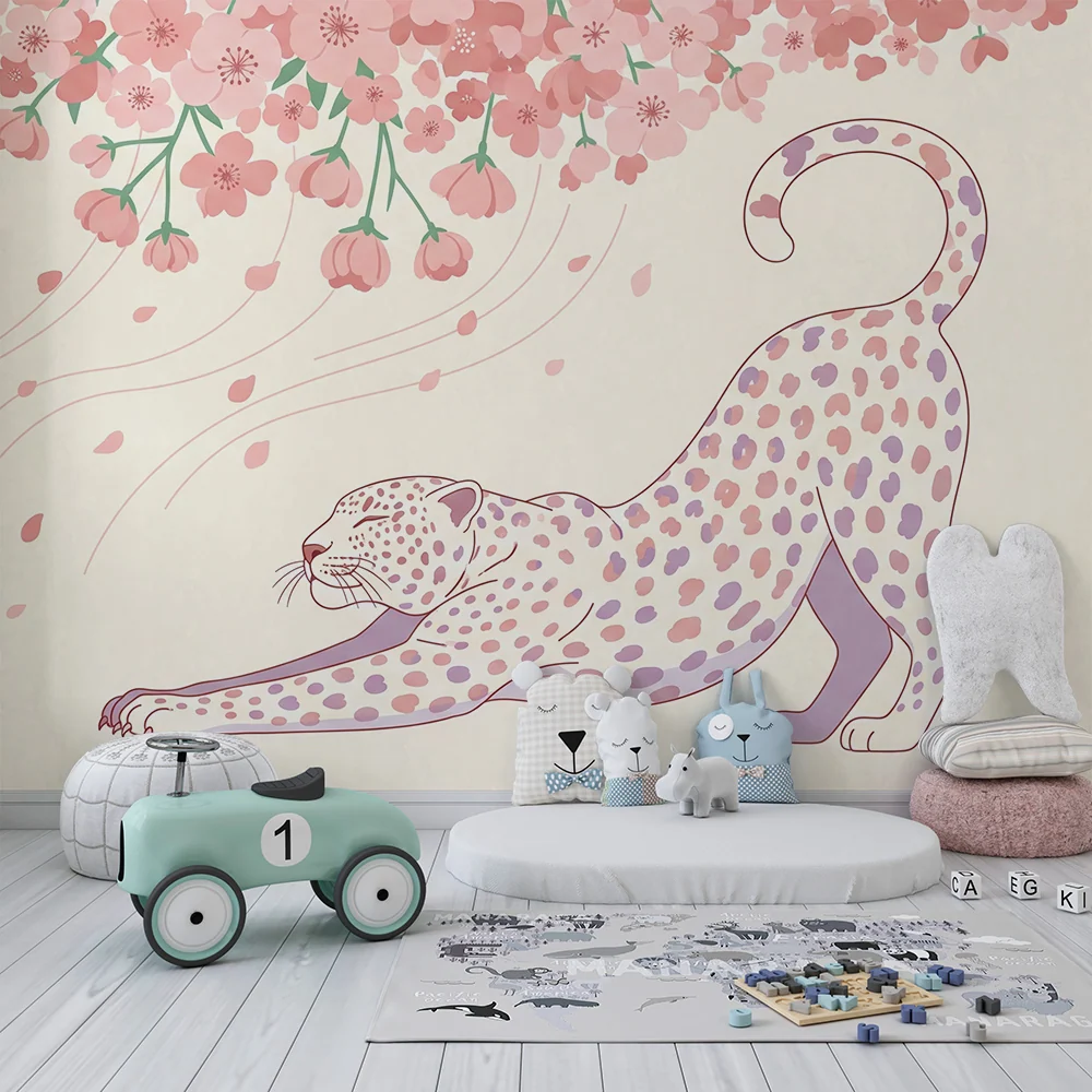 Kinderzimmer Tapete | Eleganter Leopard unter blühender Kirschblüte