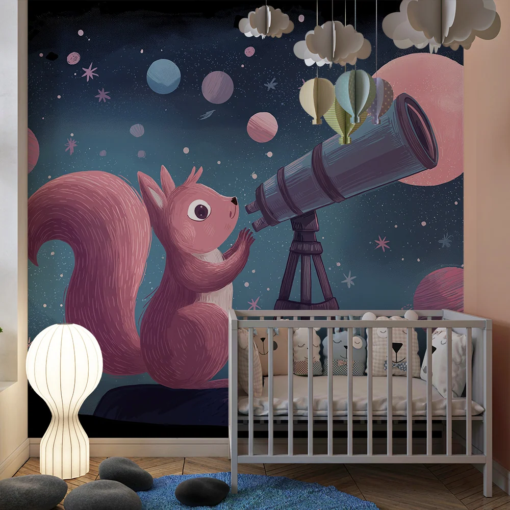 Kinderzimmer Tapete | Entdecker-Eichhörnchen unter den Sternen