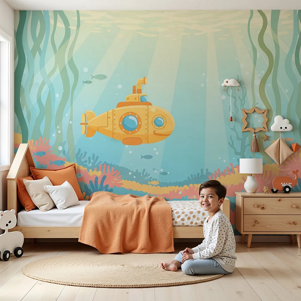 Kinderzimmer Tapete | Entdecker-U-Boot einer bunten Unterwasserwelt