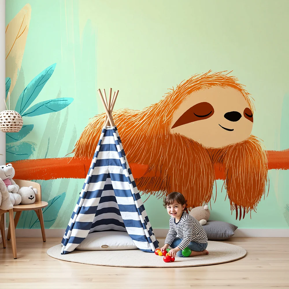 Kinderzimmer Tapete | Fauler Faultier, das auf einem Ast einem bunten Dschungel schläft