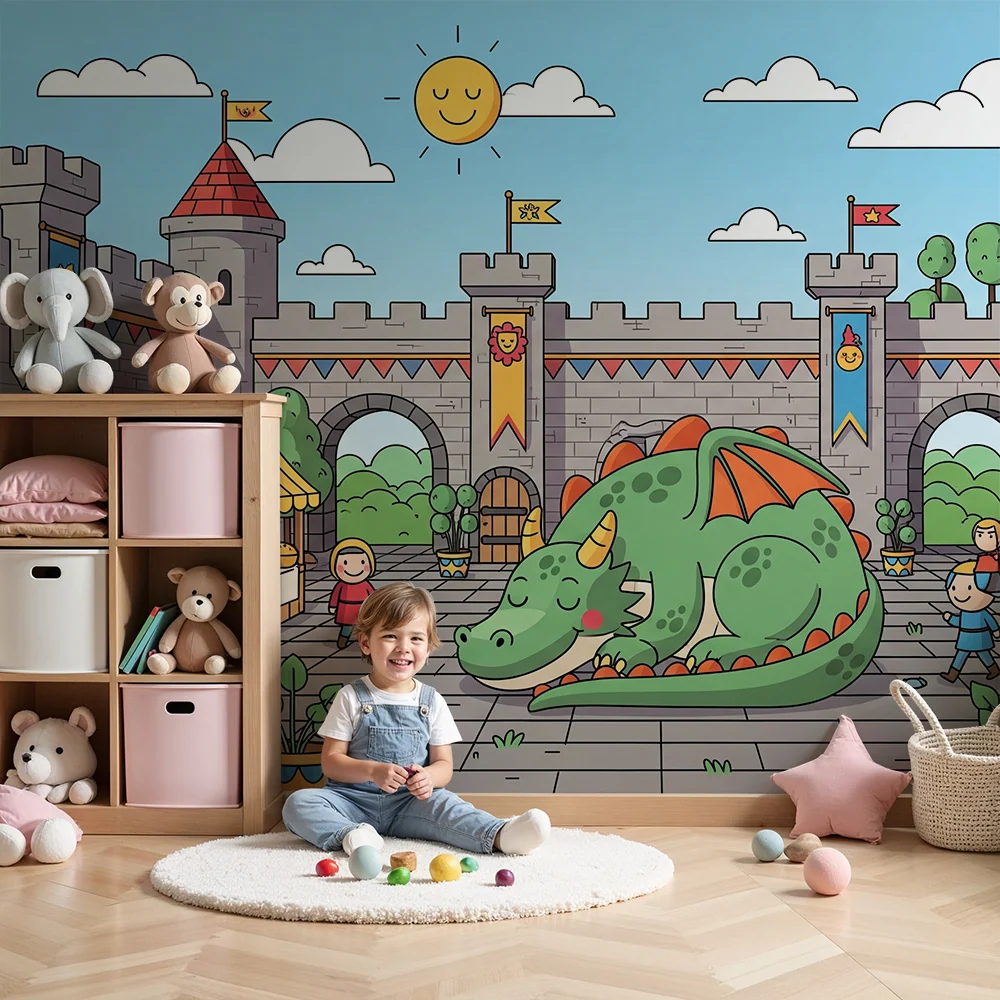 Kinderzimmer Tapete | Feenhaftes Schloss mit schlafendem Drachen und mittelalterlichem Markt