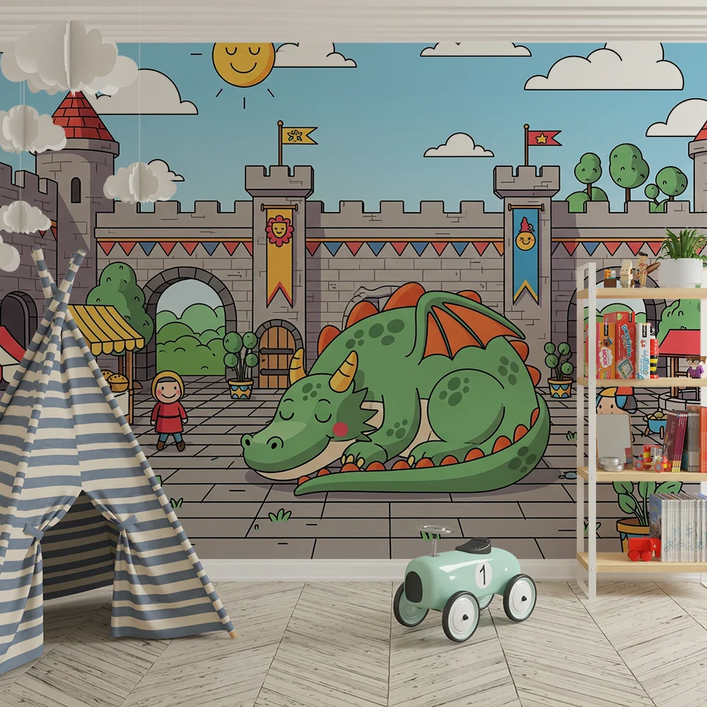 Kinderzimmer Tapete | Feenhaftes Schloss mit schlafendem Drachen und mittelalterlichem Markt