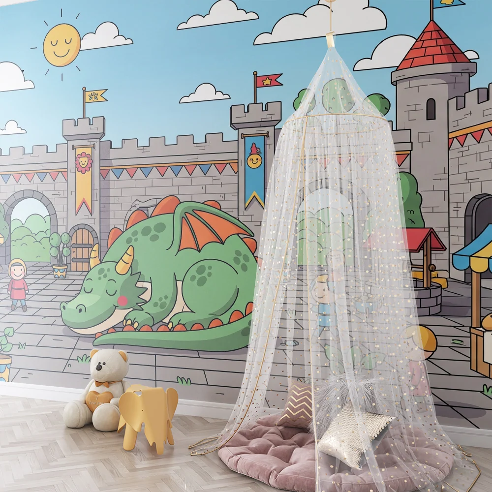Kinderzimmer Tapete | Feenhaftes Schloss mit schlafendem Drachen und mittelalterlichem Markt