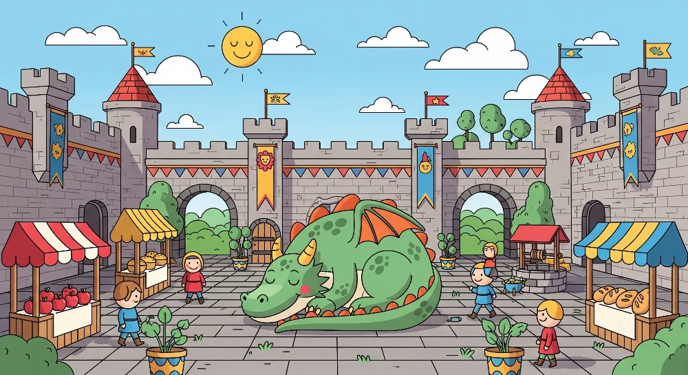 Kinderzimmer Tapete | Feenhaftes Schloss mit schlafendem Drachen und mittelalterlichem Markt