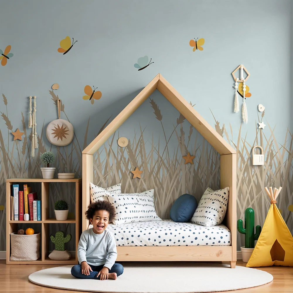 Kinderzimmer Tapete | Felder mit bunten Blumen und Schmetterlingen
