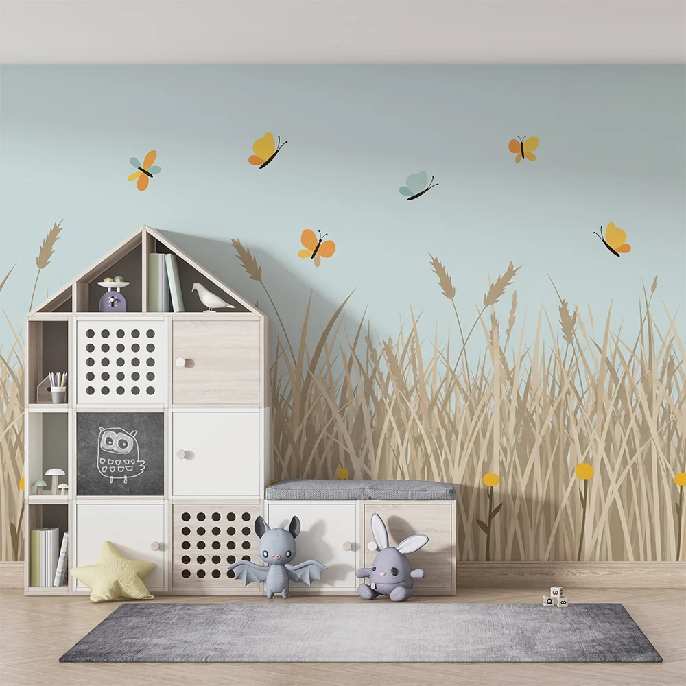 Kinderzimmer Tapete | Felder mit bunten Blumen und Schmetterlingen