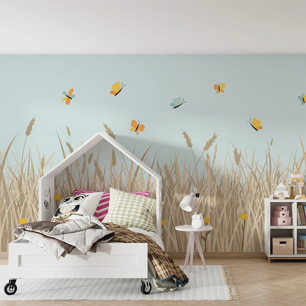 Kinderzimmer Tapete | Felder mit bunten Blumen und Schmetterlingen