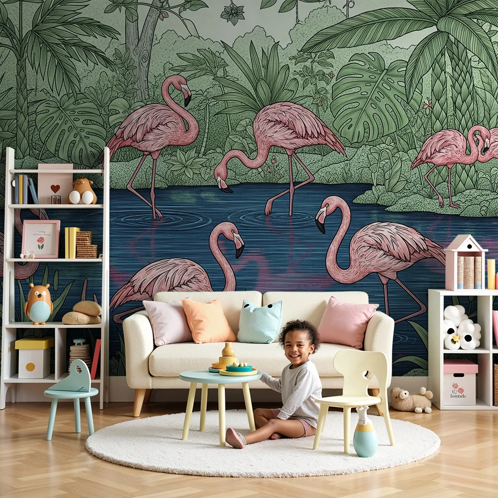 Kinderzimmer Tapete | Flamingos am Rand eines tropischen Teichs