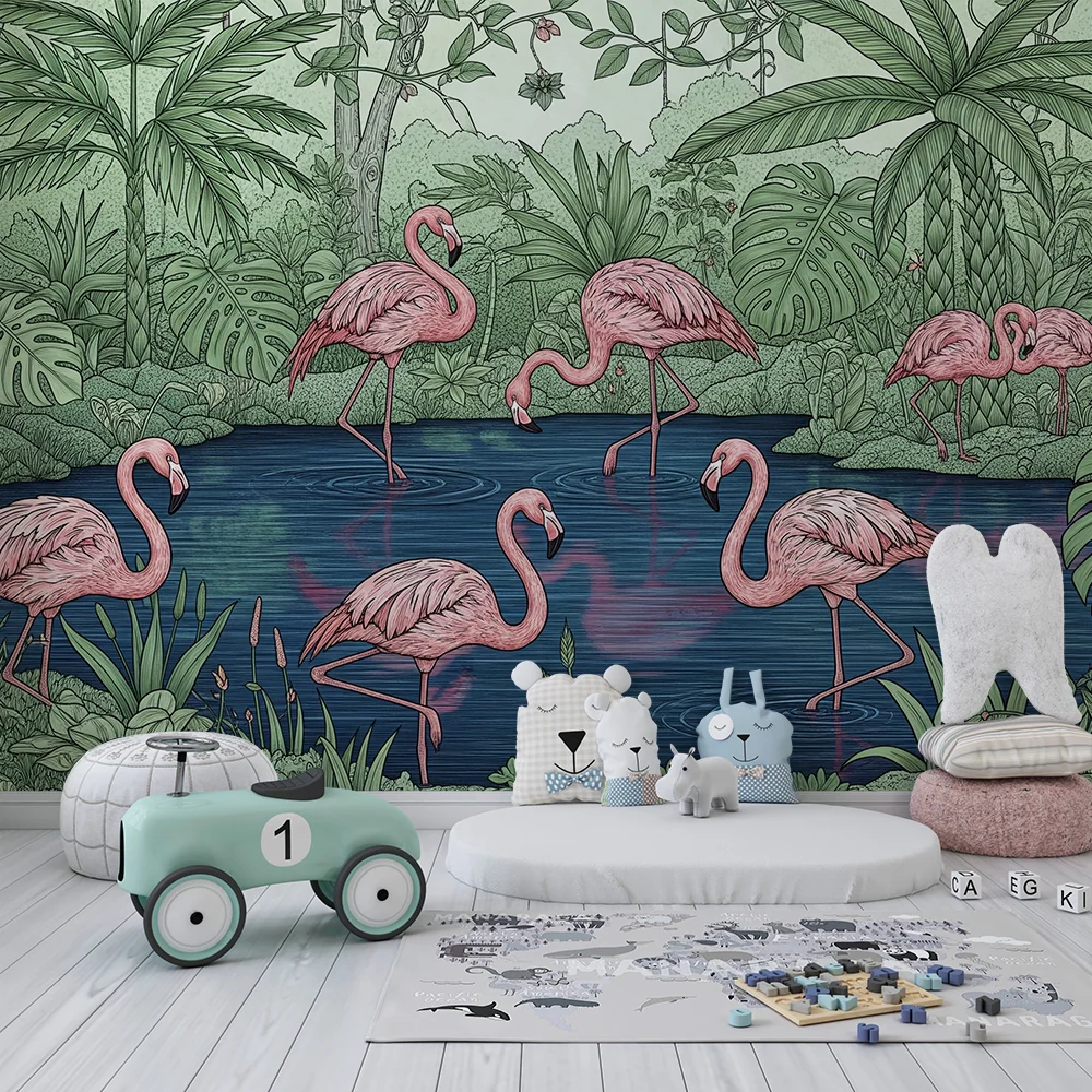 Kinderzimmer Tapete | Flamingos am Rand eines tropischen Teichs