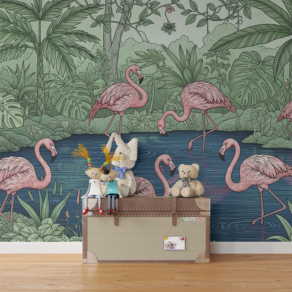 Kinderzimmer Tapete | Flamingos am Rand eines tropischen Teichs