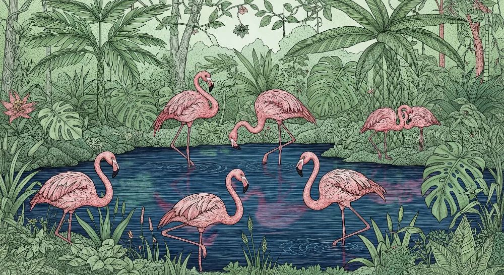 Kinderzimmer Tapete | Flamingos am Rand eines tropischen Teichs