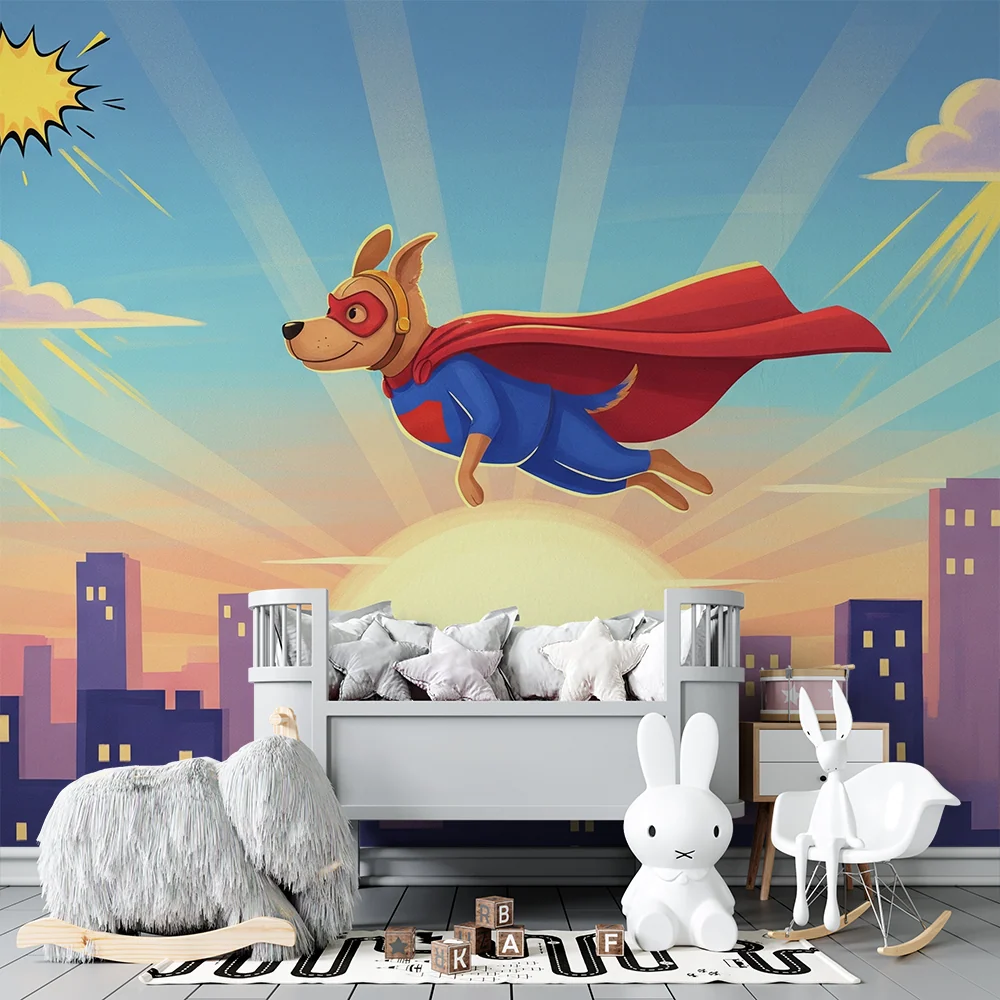 Kinderzimmer Tapete | Fliegender Superheldenhund über der Stadt