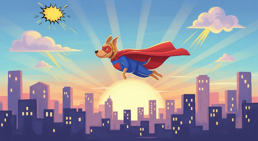 Kinderzimmer Tapete | Fliegender Superheldenhund über der Stadt