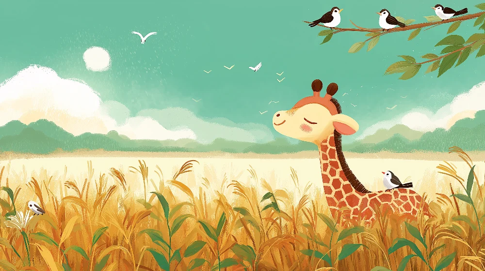 Kinderzimmer Tapete | Fröhliche Giraffe auf einer goldenen Wiese mit Vögeln