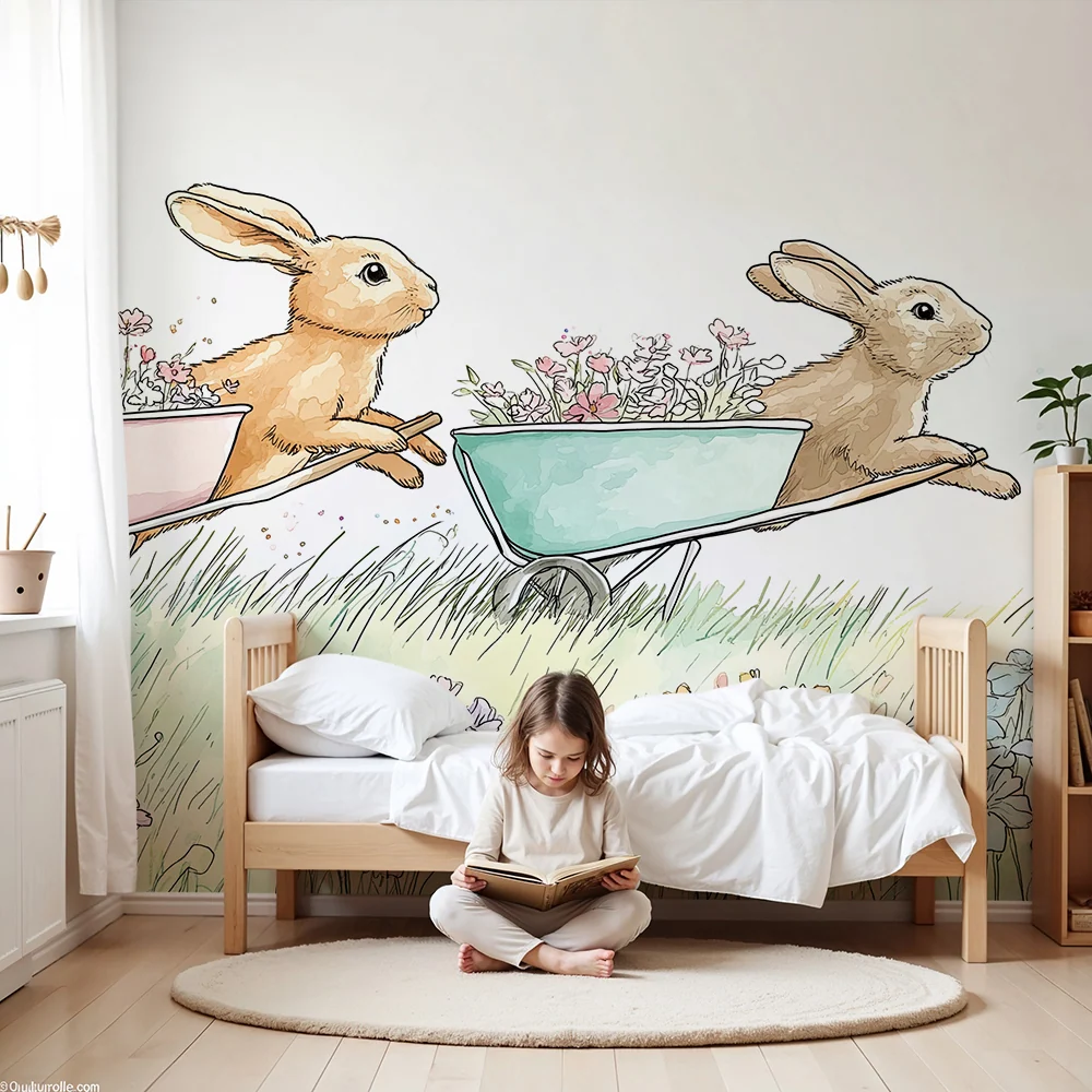 Kinderzimmer Tapete | Fröhliche Hasen mit Schubkarren auf einem blühenden Feld