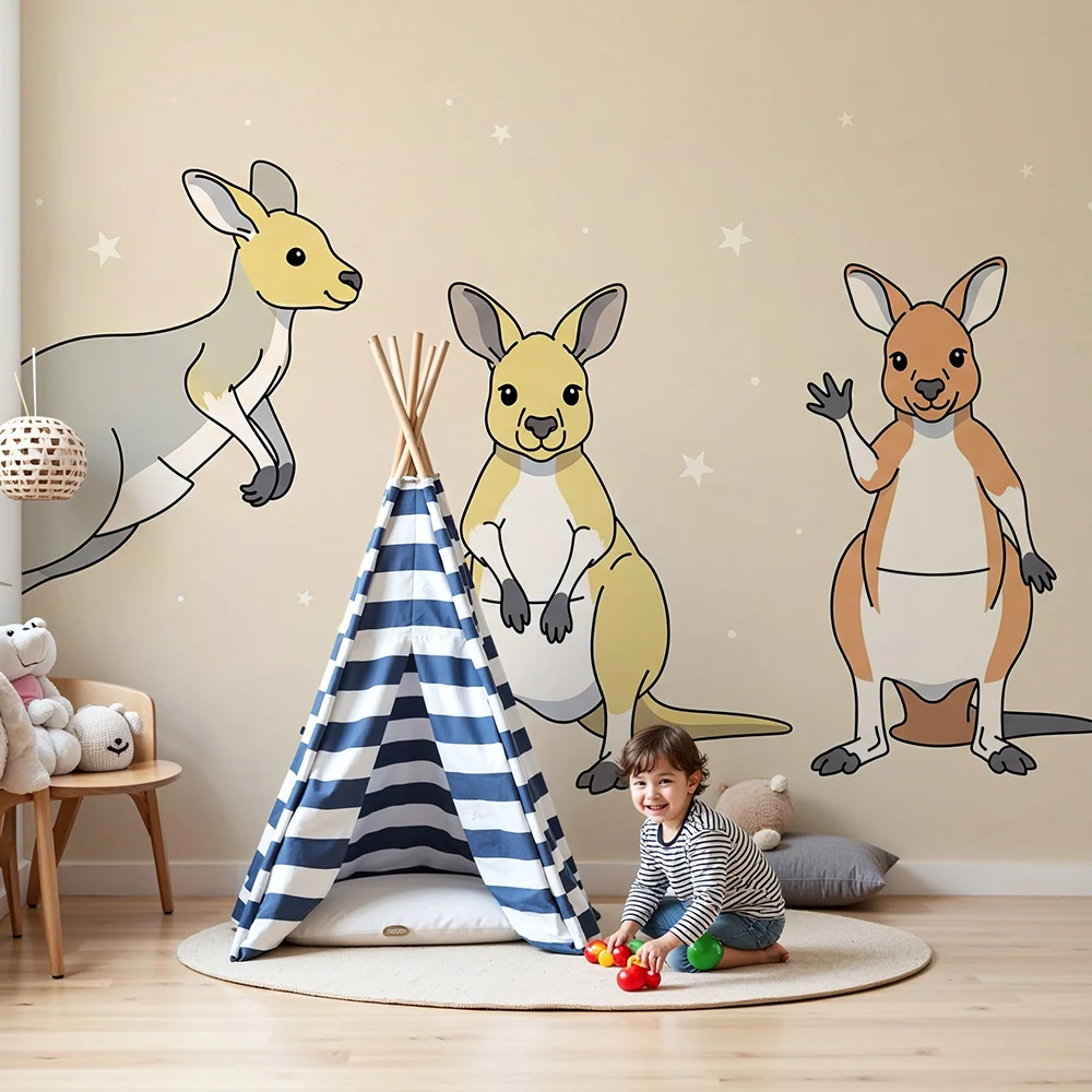 Kinderzimmer Tapete | Fröhliche Kängurus unter einem Sternenhimmel