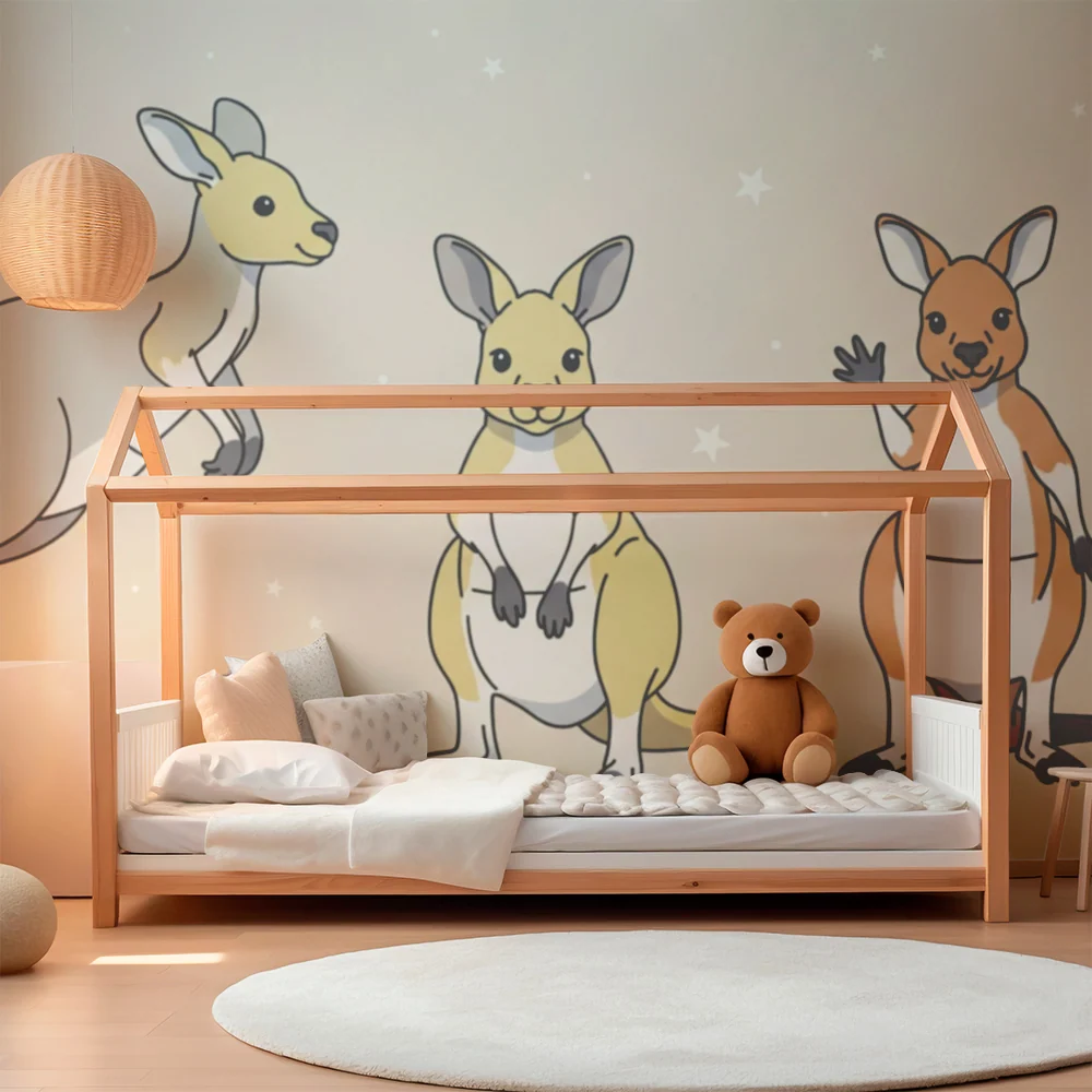 Kinderzimmer Tapete | Fröhliche Kängurus unter einem Sternenhimmel