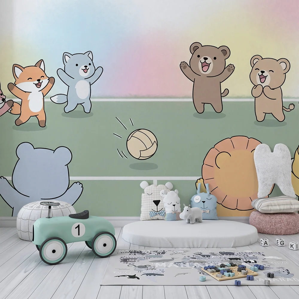 Kinderzimmer Tapete | Fröhliche Tiere spielen Volleyball