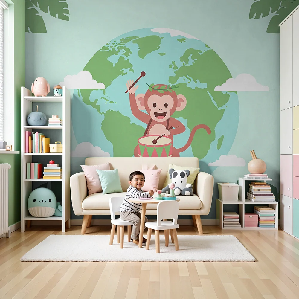 Kinderzimmer Tapete | Fröhlicher Affe mit Trommel und Globus