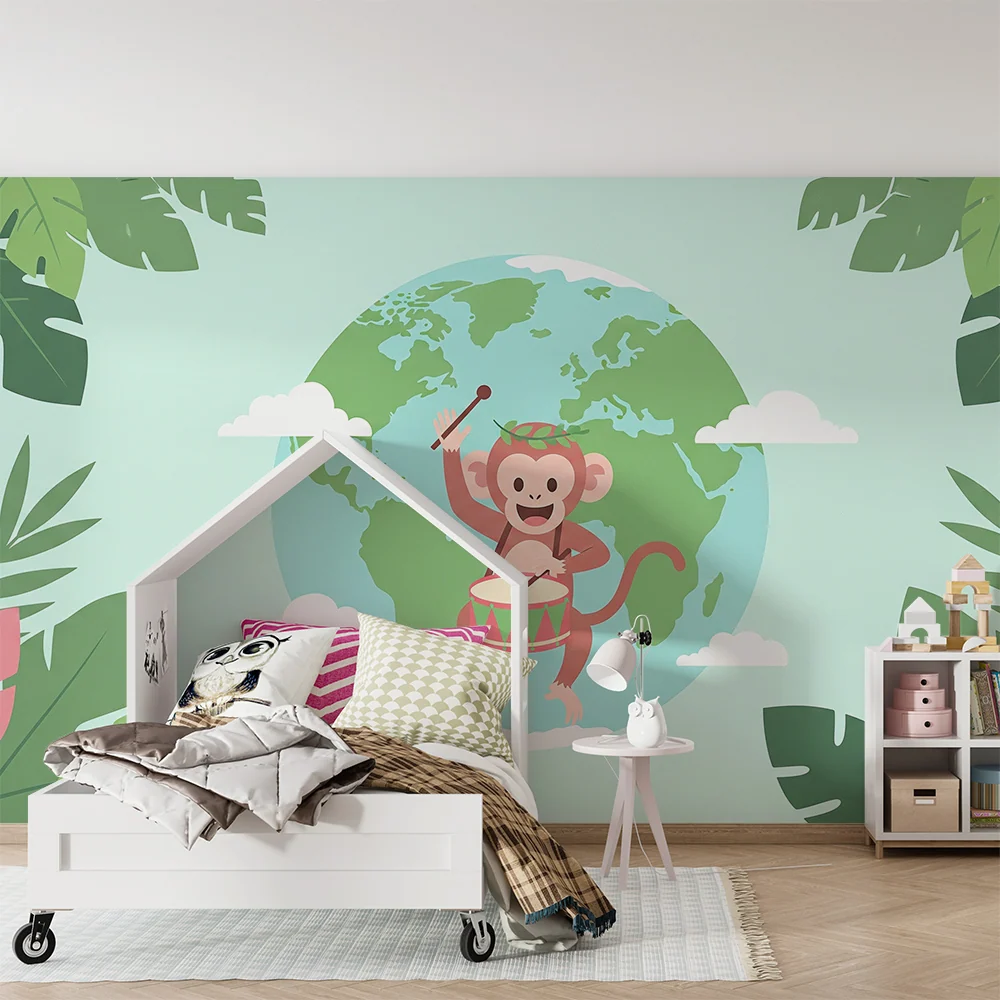 Kinderzimmer Tapete | Fröhlicher Affe mit Trommel und Globus