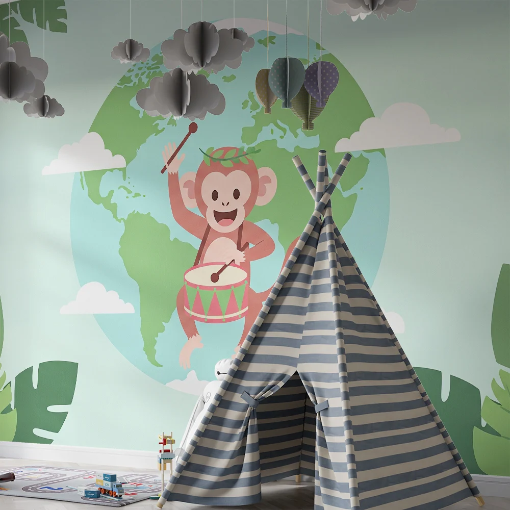 Kinderzimmer Tapete | Fröhlicher Affe mit Trommel und Globus