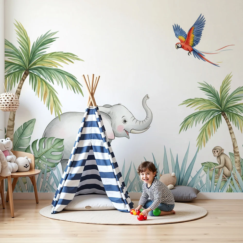 Kinderzimmer Tapete | Fröhlicher Elefant und bunte Dschungel mit Papagei und Affe