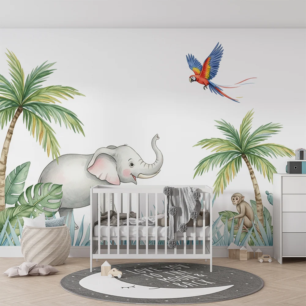 Kinderzimmer Tapete | Fröhlicher Elefant und bunte Dschungel mit Papagei und Affe