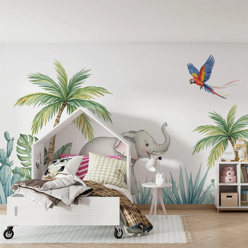 Kinderzimmer Tapete | Fröhlicher Elefant und bunte Dschungel mit Papagei und Affe