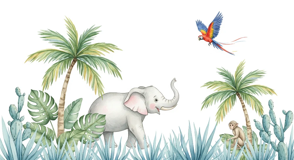 Kinderzimmer Tapete | Fröhlicher Elefant und bunte Dschungel mit Papagei und Affe