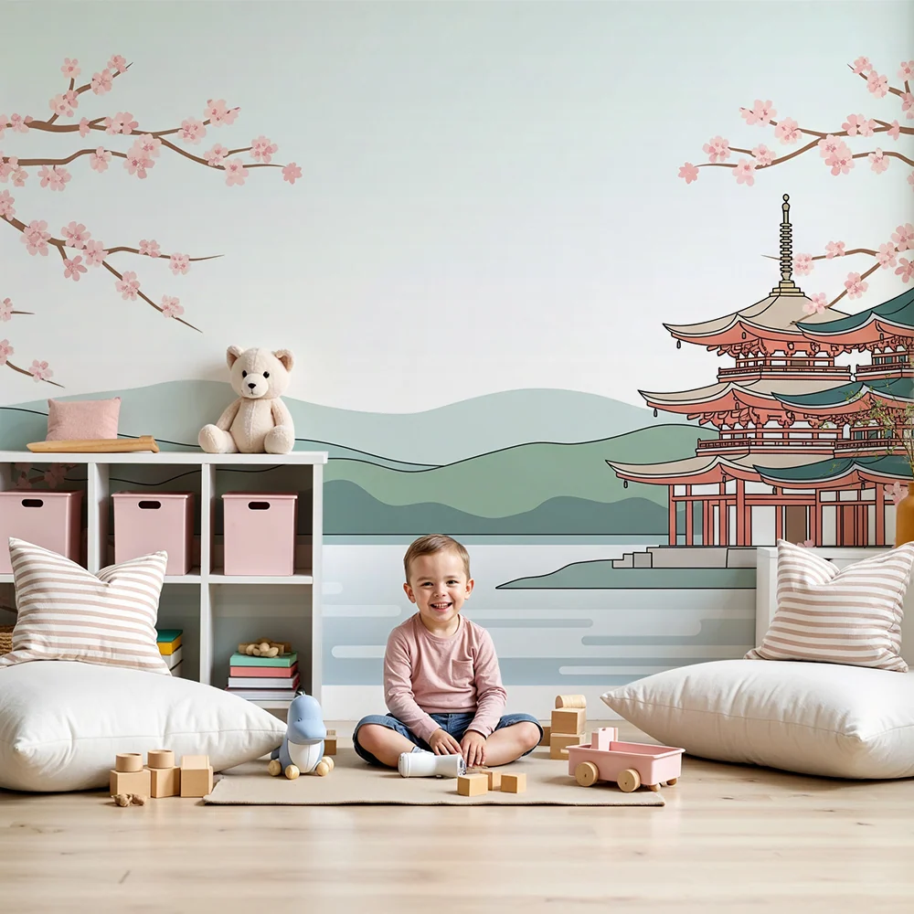 Kinderzimmer Tapete | Friedliche Landschaft mit blühenden Kirschbäumen und Pagode