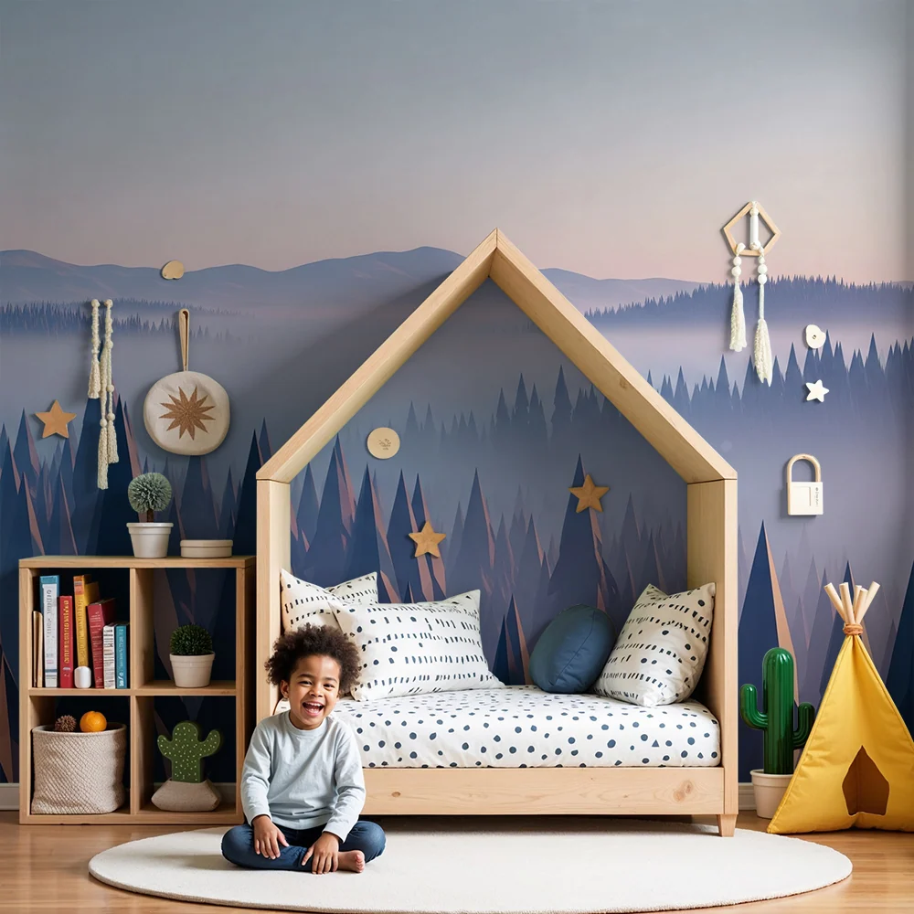 Kinderzimmer Tapete | Geometrischer Wald mit sanftem Nebel