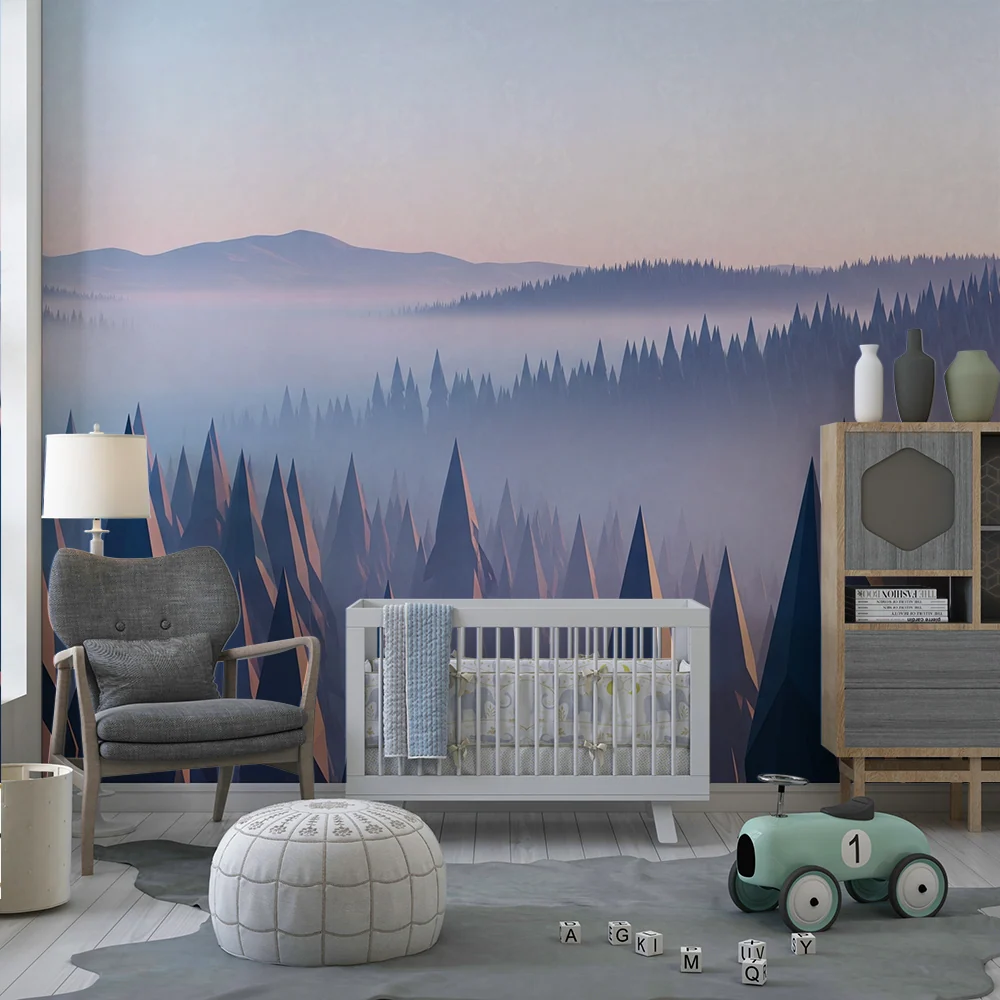 Kinderzimmer Tapete | Geometrischer Wald mit sanftem Nebel