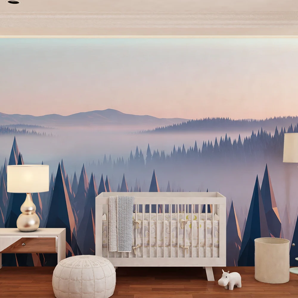 Kinderzimmer Tapete | Geometrischer Wald mit sanftem Nebel