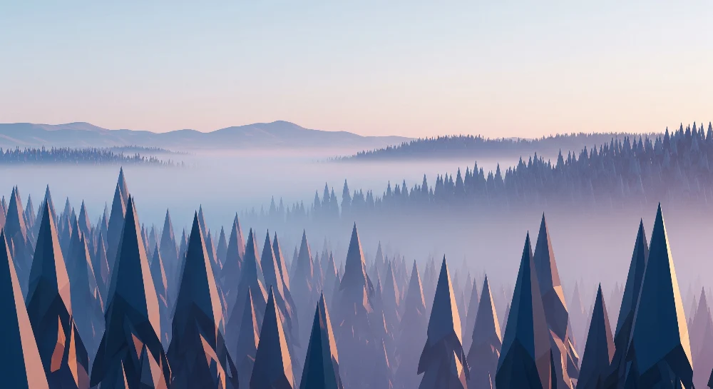 Kinderzimmer Tapete | Geometrischer Wald mit sanftem Nebel