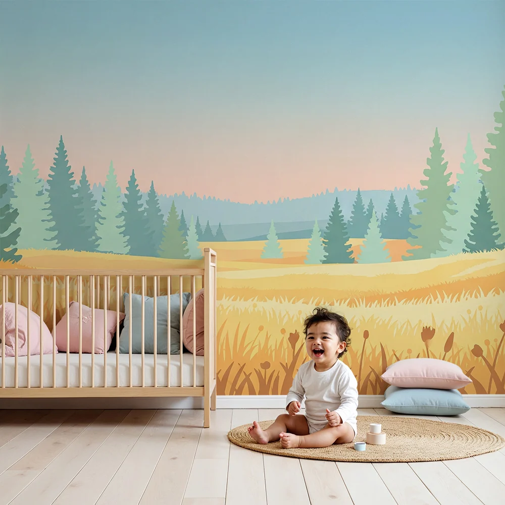 Kinderzimmer Tapete | Goldenes Wiesenlandschaft mit majestätischen Tannen