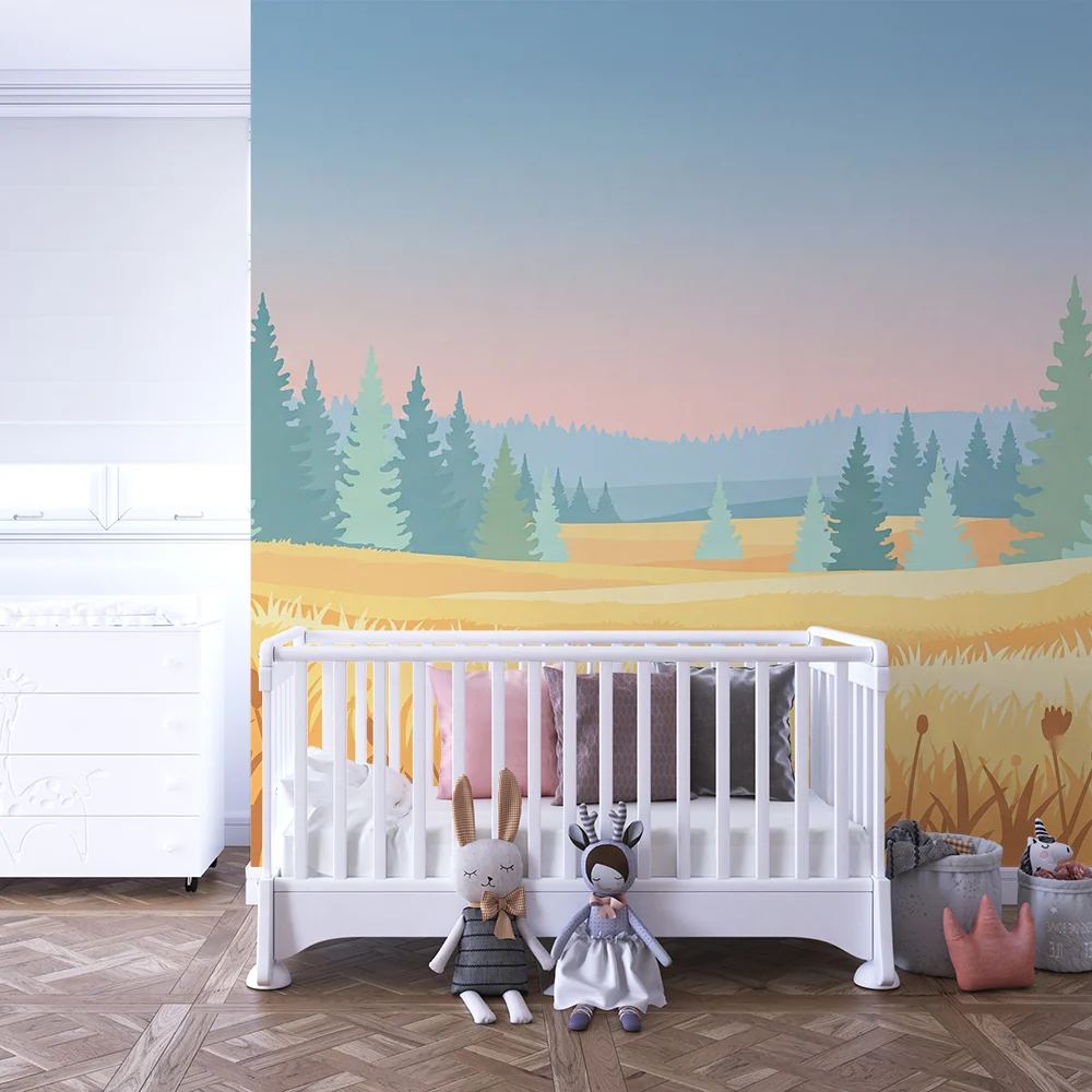 Kinderzimmer Tapete | Goldenes Wiesenlandschaft mit majestätischen Tannen