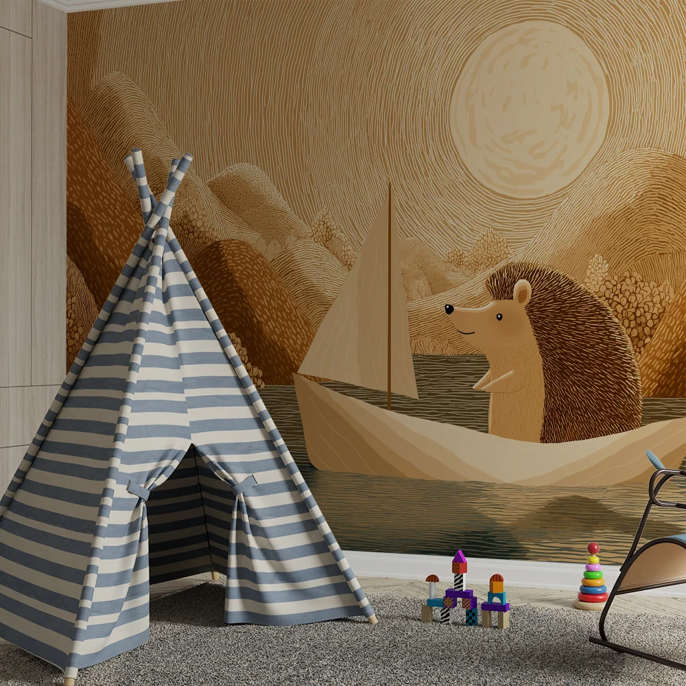 Kinderzimmer Tapete | Igel segelt auf einem ruhigen See unter einer goldenen Sonne