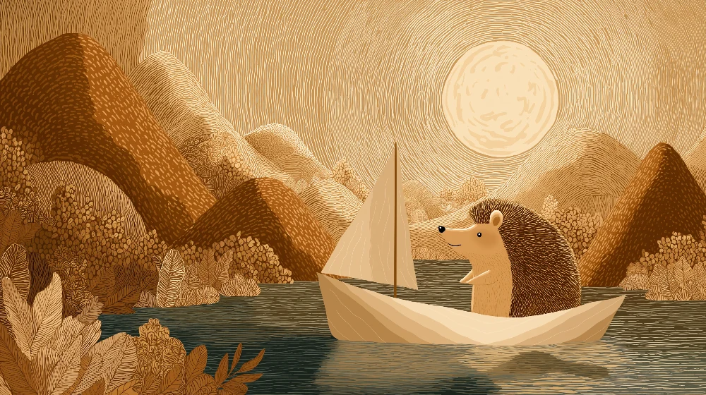 Kinderzimmer Tapete | Igel segelt auf einem ruhigen See unter einer goldenen Sonne