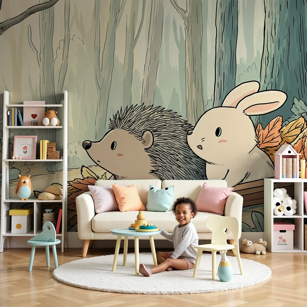 Kinderzimmer Tapete | Igel und Hase im herbstlichen Wald