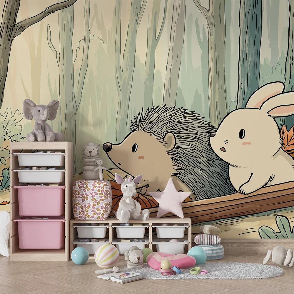 Kinderzimmer Tapete | Igel und Hase im herbstlichen Wald