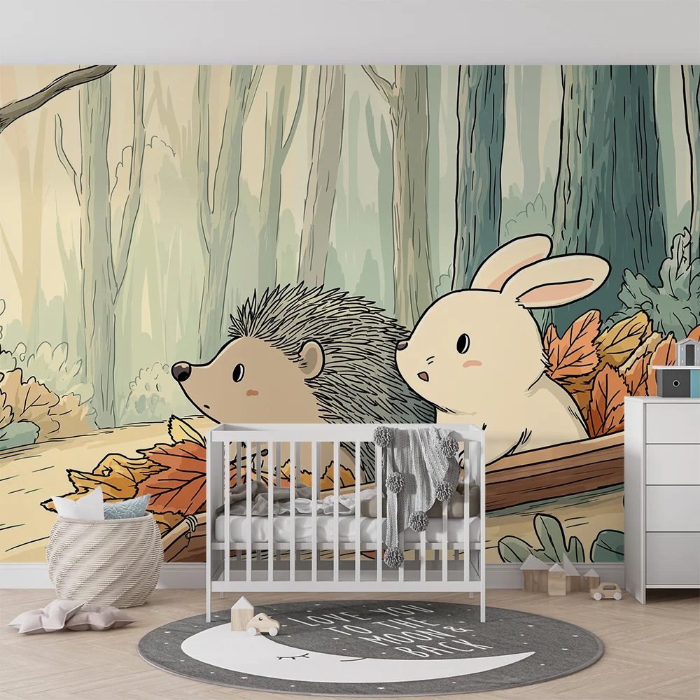 Kinderzimmer Tapete | Igel und Hase im herbstlichen Wald