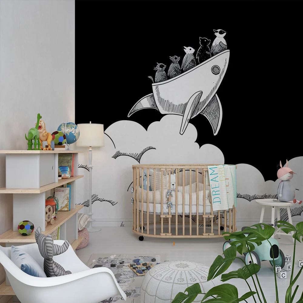 Kinderzimmer Tapete | Katzen-Astronauten einer Rakete unter den Wolken